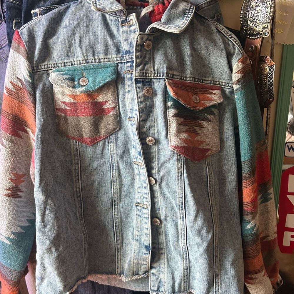 Colorful Denim Jacket with Patterned Sleeves